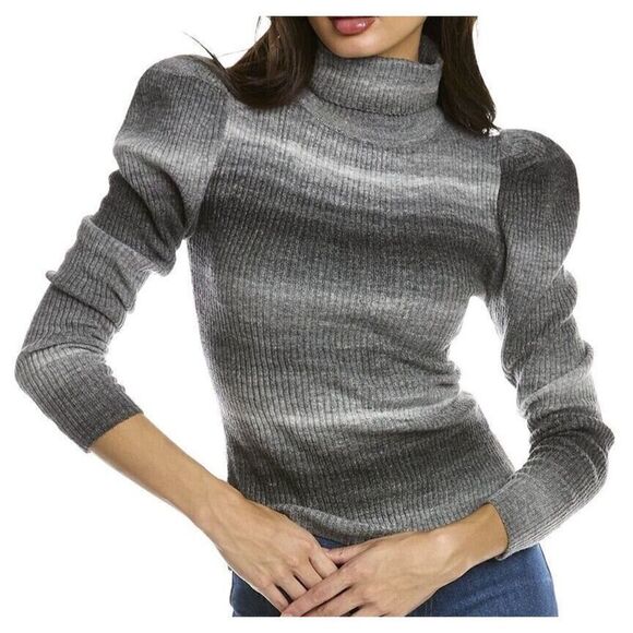 Lea & Viola L7890 Women's Sz M Black/Gray Ribbed Puff Sleeve Wool-Blend Sweater - Picture 4 of 5